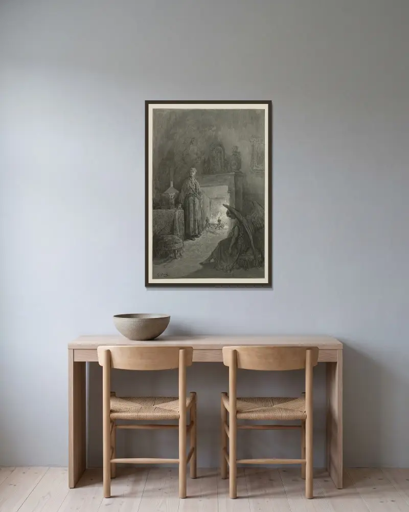 Korpen, pl. 04 av Gustave Doré inramad på en vägg