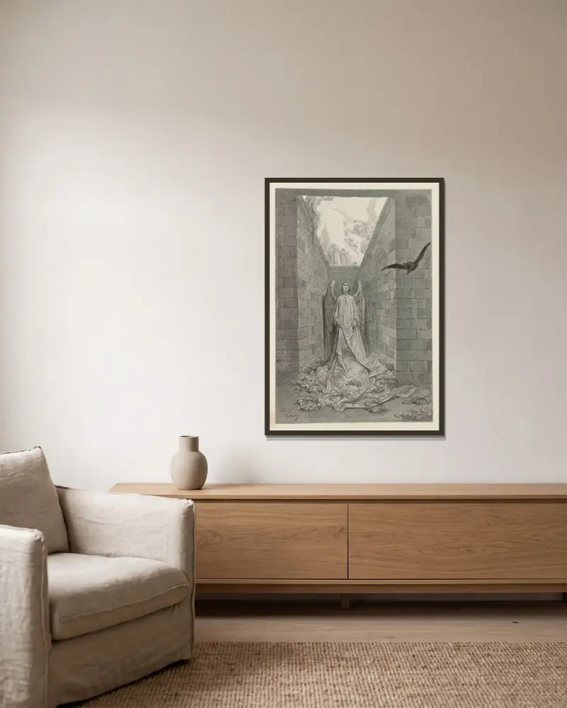 Der Rabe Pl. 06 von Gustave Doré gerahmt an einer Wand