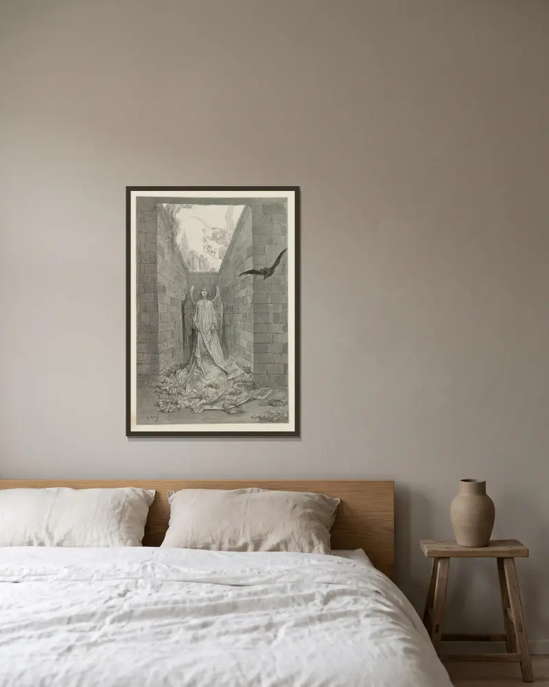 Der Rabe Pl. 06 von Gustave Doré gerahmt an einer Wand