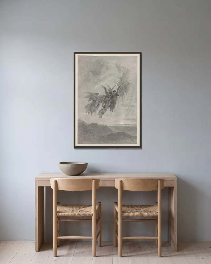 Der Rabe Tafel 07 von Gustave Doré gerahmt an einer Wand
