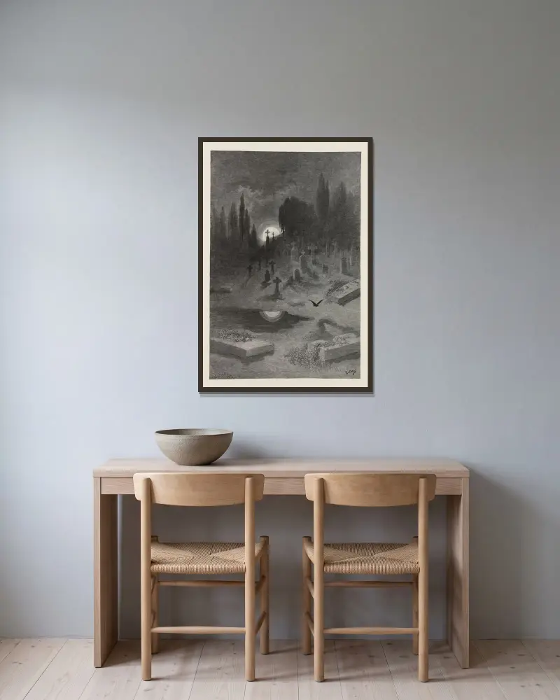 Korpen, pl. 15 av Gustave Doré inramad på en vägg