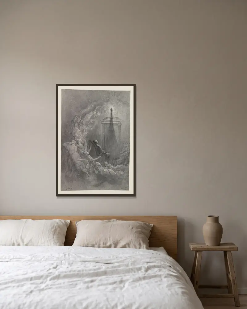 Korpen pl. 16 av Gustave Doré inramad på en vägg