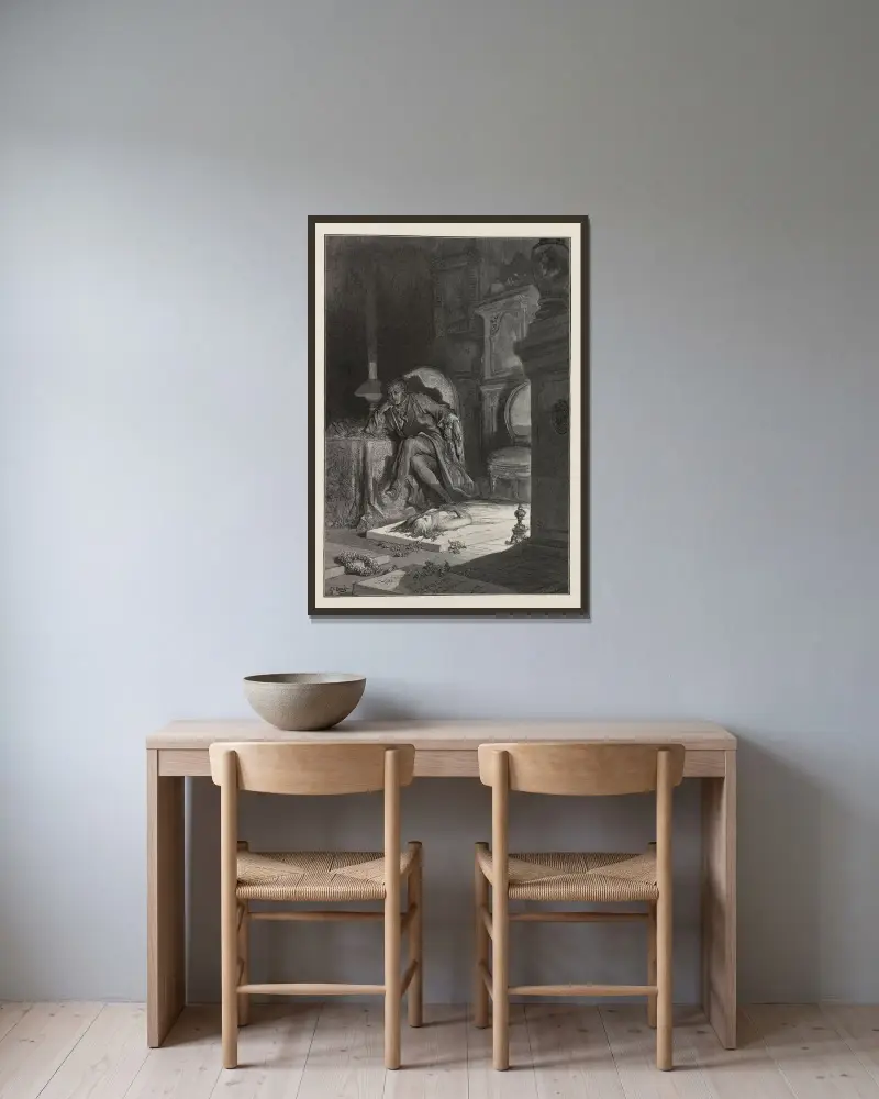 Korpen, pl. 17 av Gustave Doré inramad på en vägg