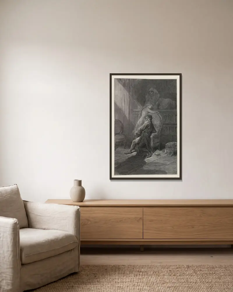 Korpen pl. 20 av Gustave Doré inramad på en vägg