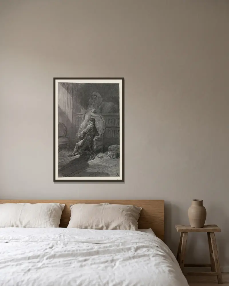 Korpen pl. 20 av Gustave Doré inramad på en vägg