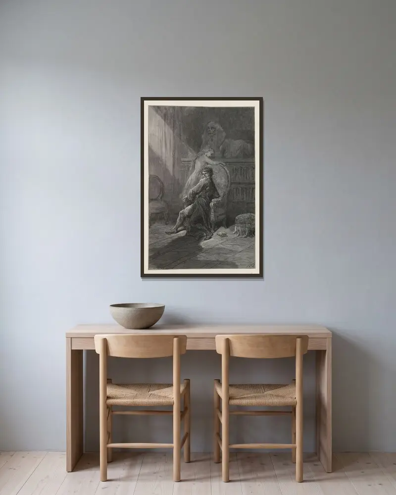 Korpen pl. 20 av Gustave Doré inramad på en vägg