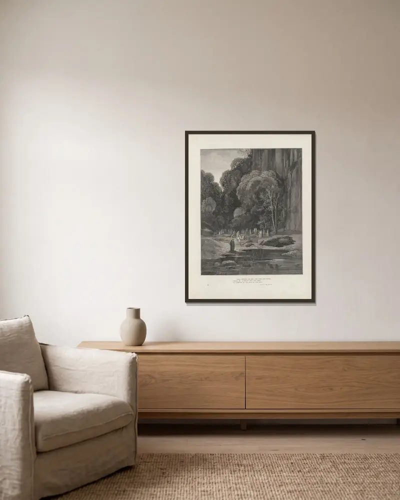 Visionen av skärselden och paradiset av Gustave Doré inramad på en vägg