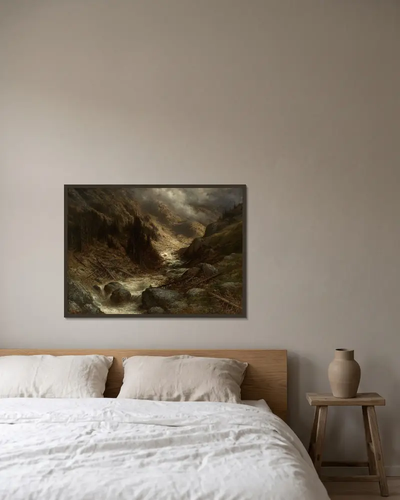 En bergsström i Engadine av Gustave Doré inramad på en vägg
