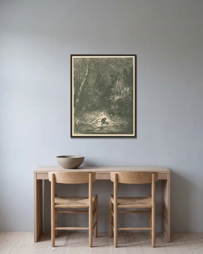 Där vattenfallet ljöd i gällaste diskant av Gustave Doré inramad på en vägg