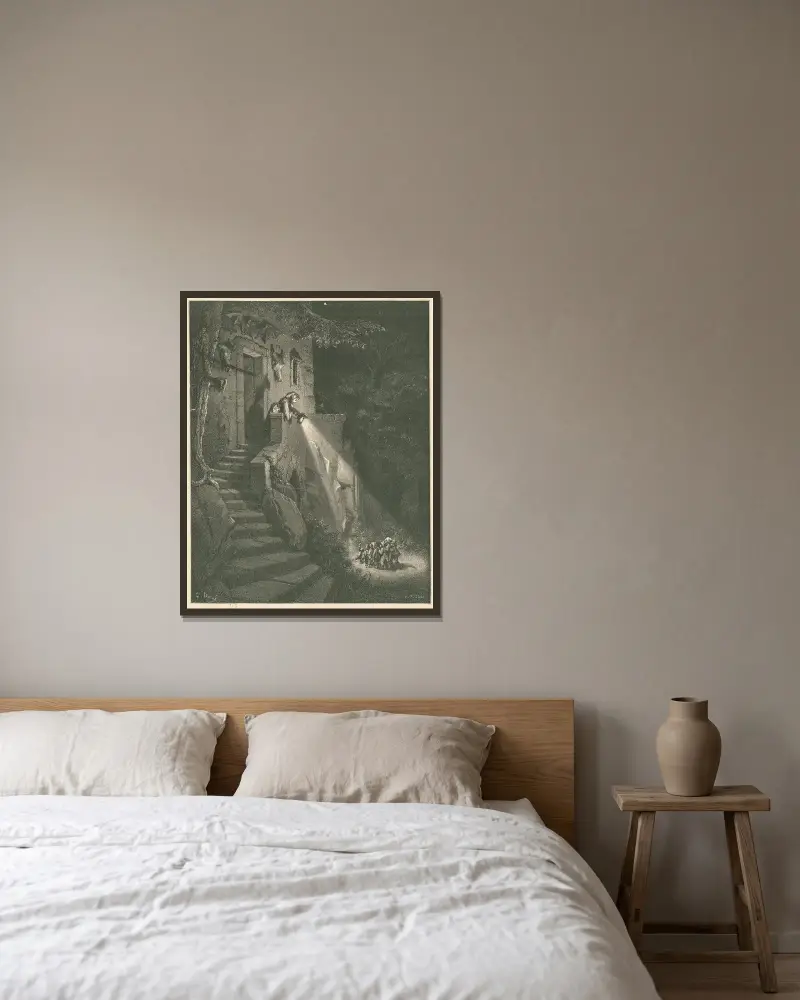 Wer bist du von Gustave Doré gerahmt an einer Wand