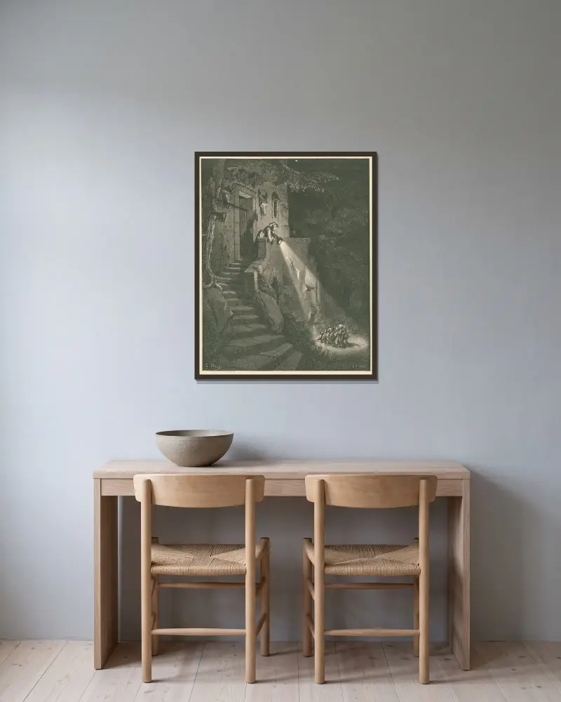 Wer bist du von Gustave Doré gerahmt an einer Wand