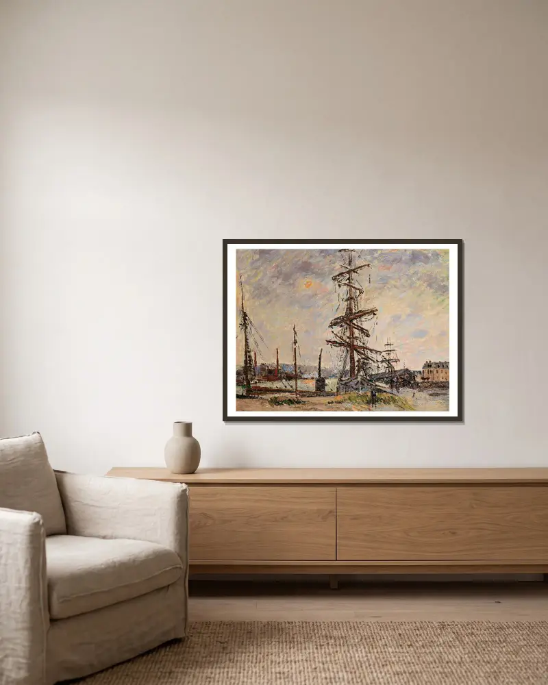 Båtar vid kajen i Le Havre av Gustave Loiseau inramad på en vägg