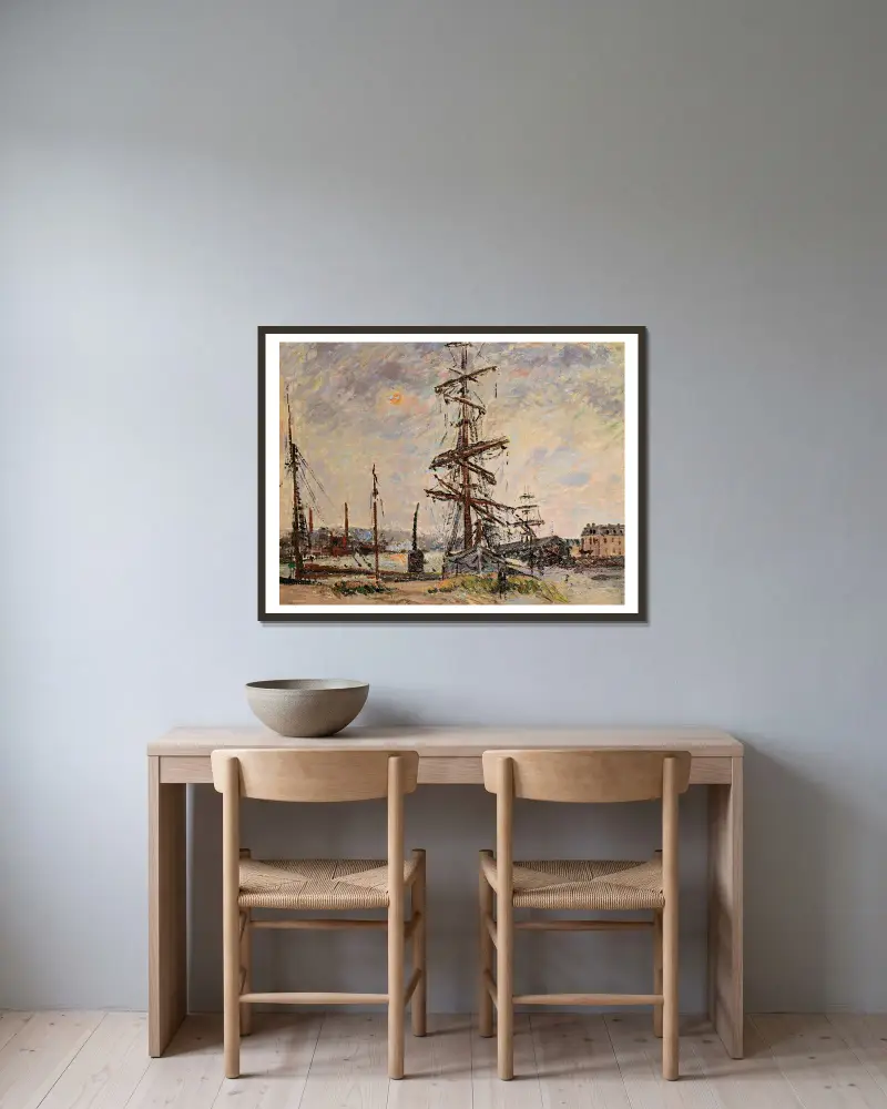 Båtar vid kajen i Le Havre av Gustave Loiseau inramad på en vägg