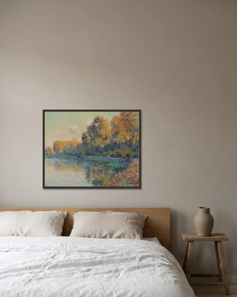 Flodbank, höst av Gustave Loiseau inramad på en vägg
