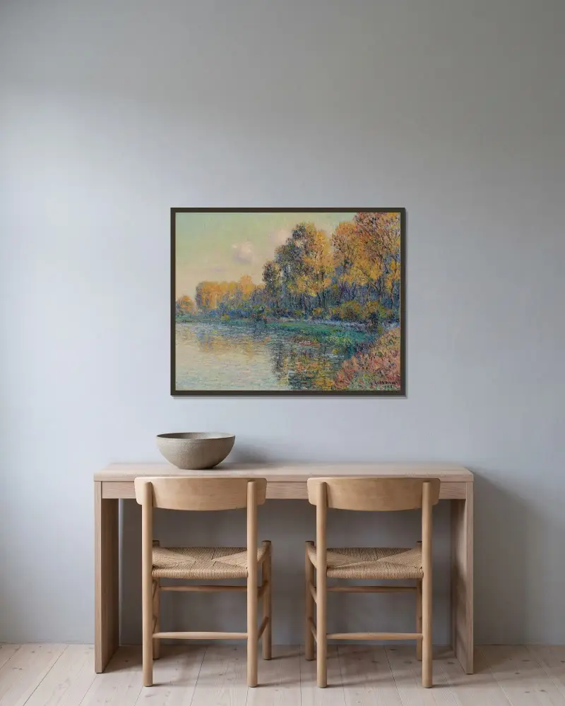 Flodbank, höst av Gustave Loiseau inramad på en vägg