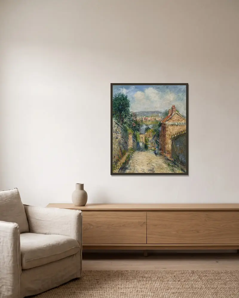 La rue Thuringe, Bonsecours, Rouen av Gustave Loiseau inramad på en vägg