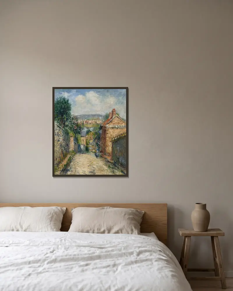 La rue Thuringe, Bonsecours, Rouen av Gustave Loiseau inramad på en vägg