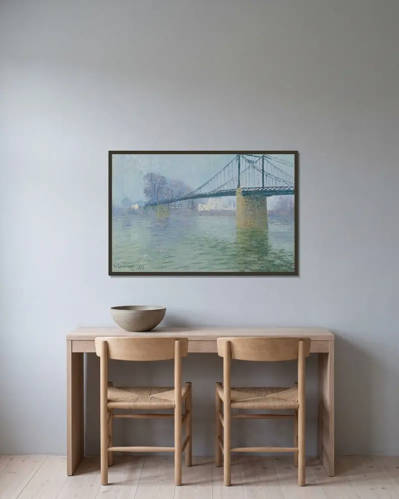 Den hängande bron i Triel av Gustave Loiseau inramad på en vägg