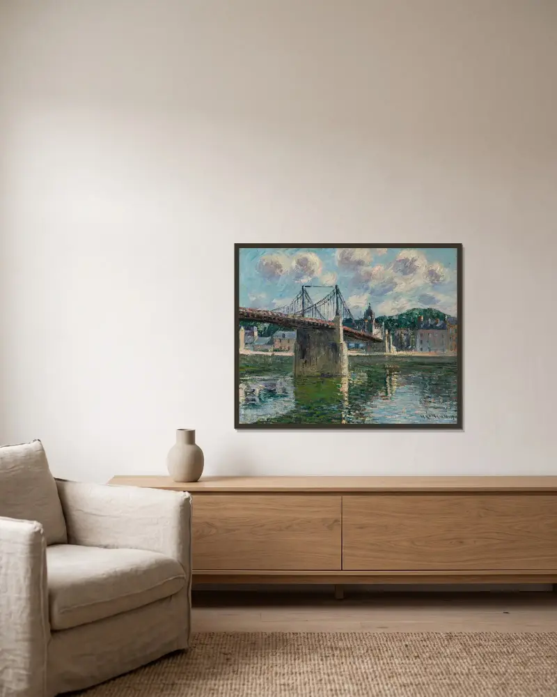 Den hängande bron i Elbeuf av Gustave Loiseau inramad på en vägg