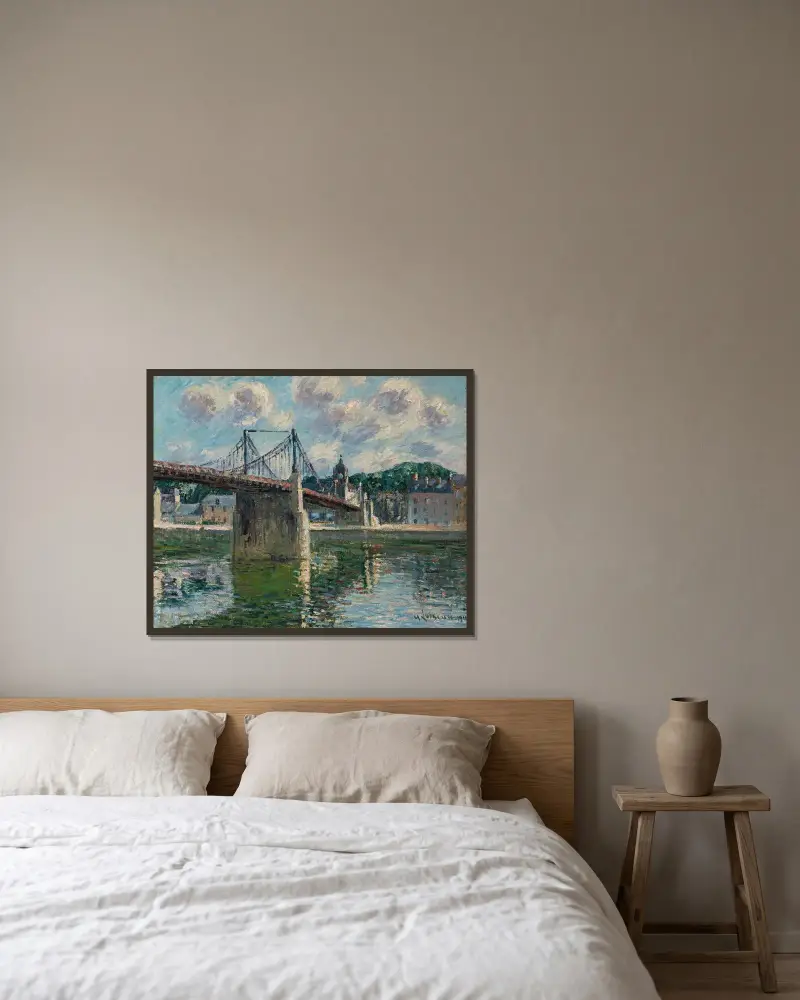 Den hängande bron i Elbeuf av Gustave Loiseau inramad på en vägg