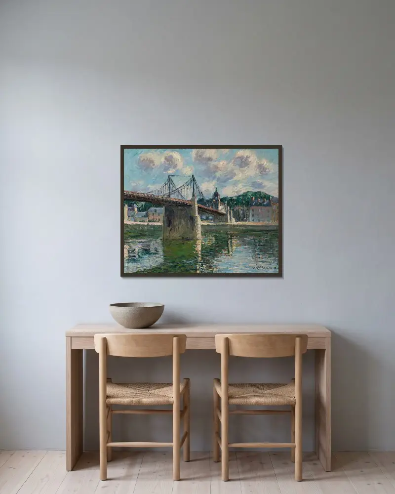 Den hängande bron i Elbeuf av Gustave Loiseau inramad på en vägg
