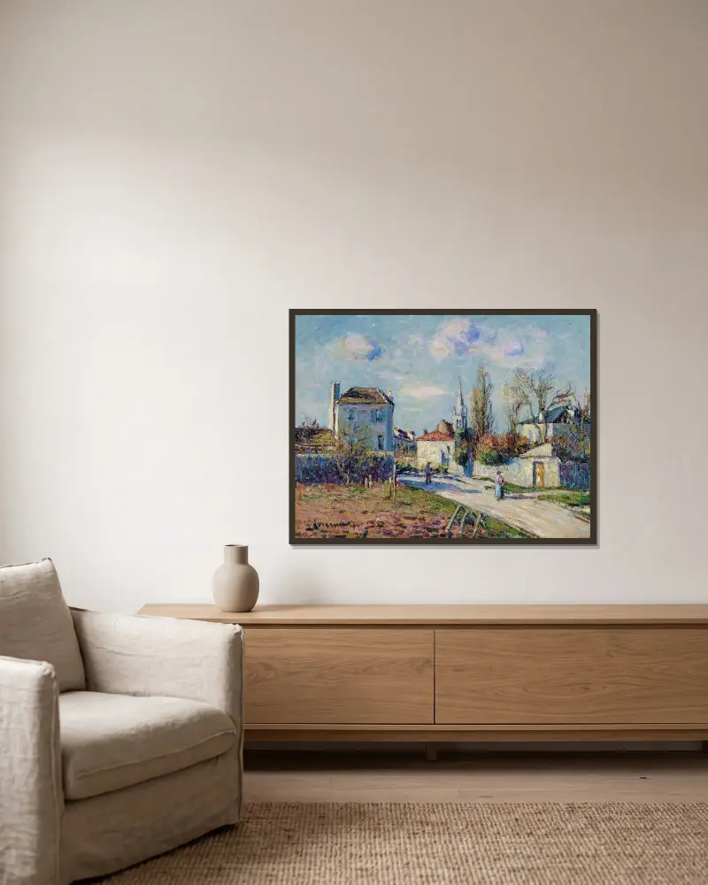 Byn Mareil av Gustave Loiseau inramad på en vägg