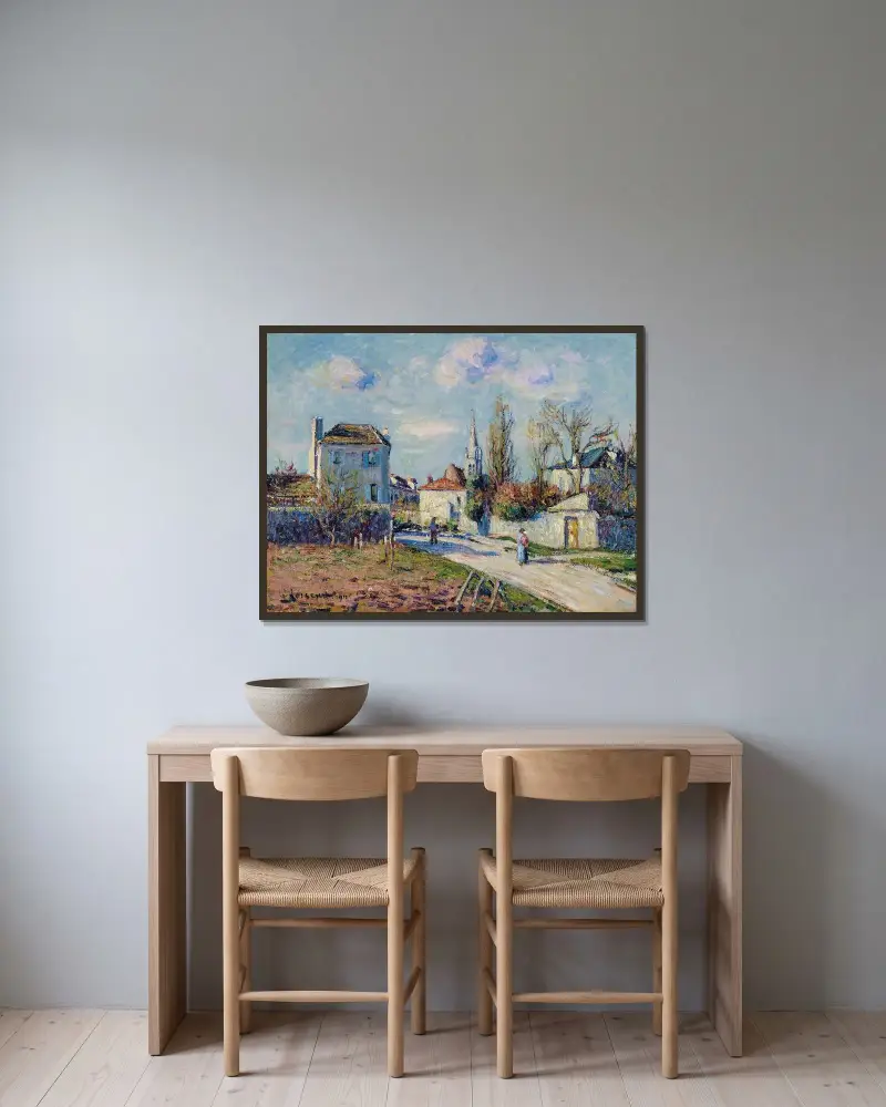 Byn Mareil av Gustave Loiseau inramad på en vägg