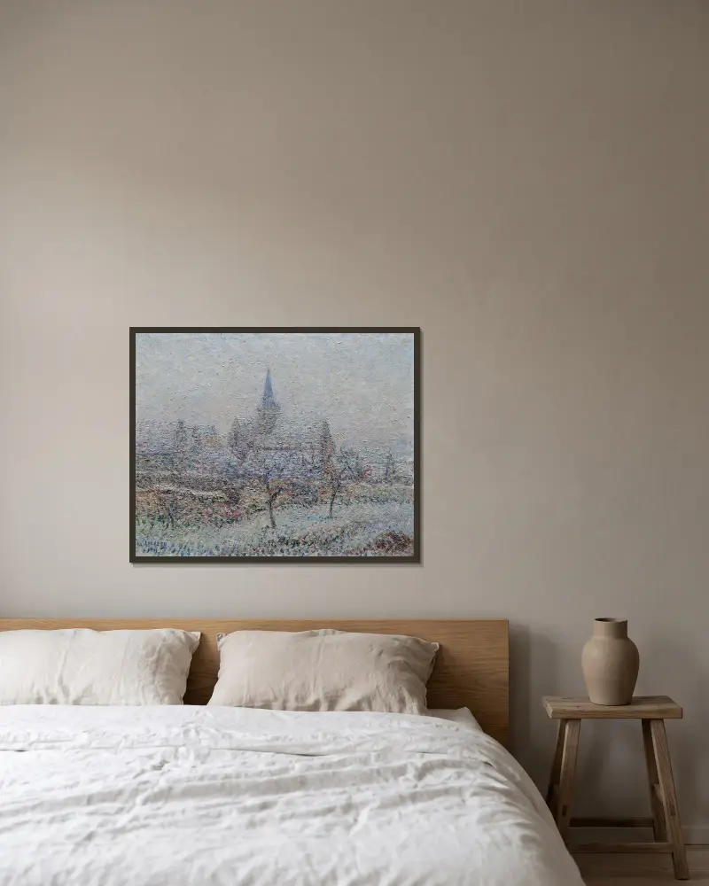 Kyrkan i Bennecourt, snöeffekt av Gustave Loiseau inramad på en vägg