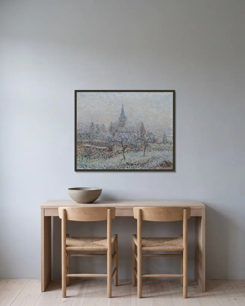 Kyrkan i Bennecourt, snöeffekt av Gustave Loiseau inramad på en vägg