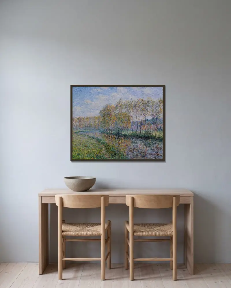 Stränderna vid Eure på morgonen, Saint-Cyr-du-Vaudreuil av Gustave Loiseau inramad på en vägg