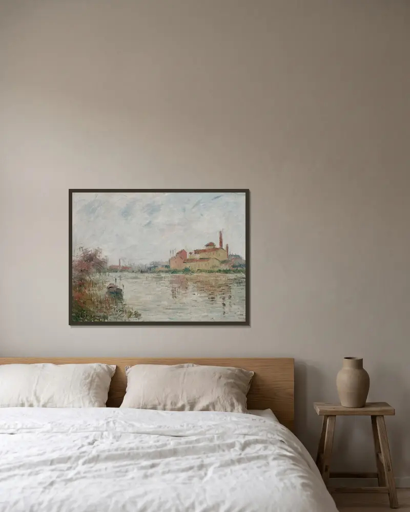 Fabriken vid floden av Gustave Loiseau inramad på en vägg