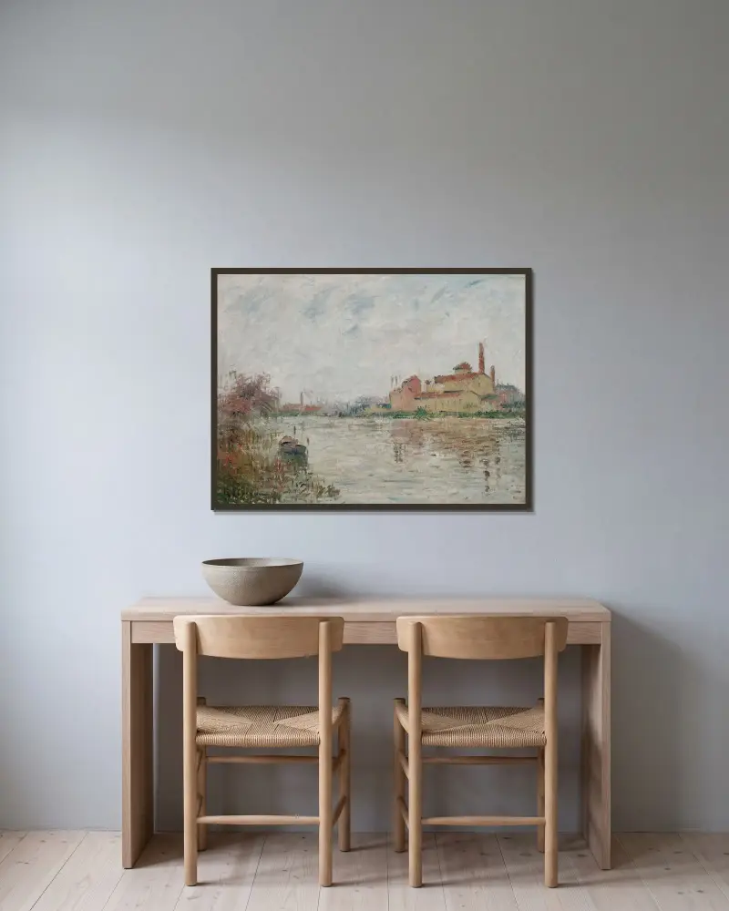 Fabriken vid floden av Gustave Loiseau inramad på en vägg