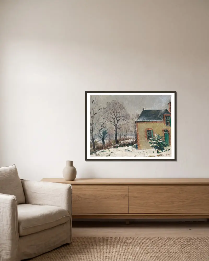 Maison campagnarde au bord d’un ruisseau sous la neige av Gustave Loiseau inramad på en vägg