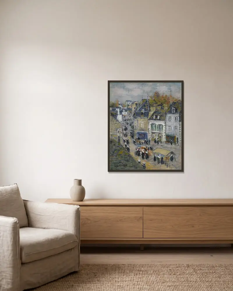 Marknad i Pont-Aven av Gustave Loiseau inramad på en vägg