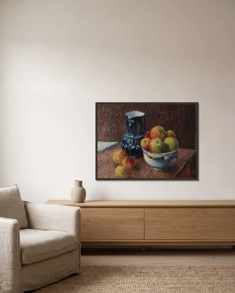 Nature morte, cruche et pommes av Gustave Loiseau inramad på en vägg