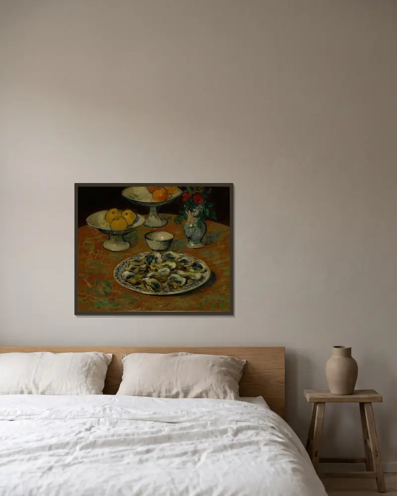 Stilleben, ostron, frukt och blommor av Gustave Loiseau inramad på en vägg