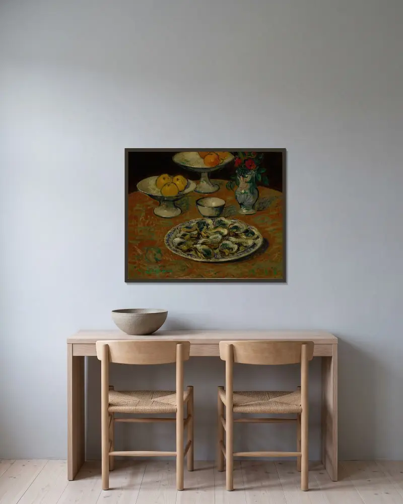 Stilleben, ostron, frukt och blommor av Gustave Loiseau inramad på en vägg