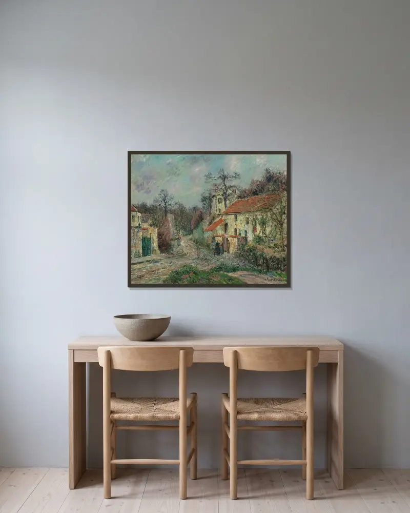 Vinterlandskap i Chaponval av Gustave Loiseau inramad på en vägg