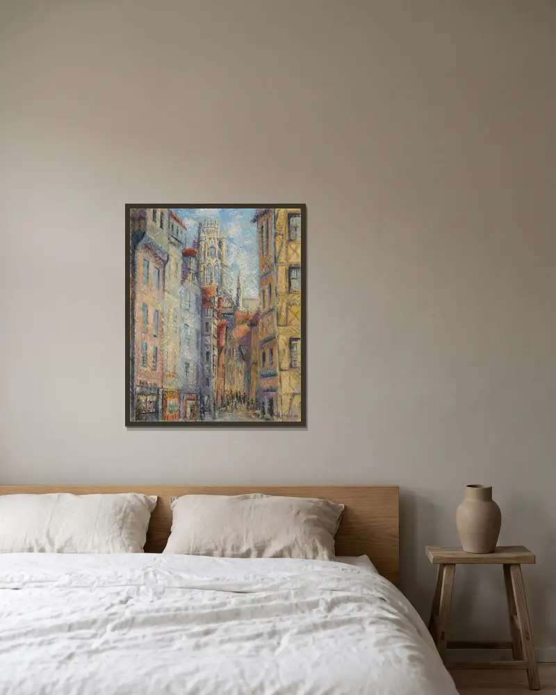 Rouen, gata med kyrka av Gustave Loiseau inramad på en vägg