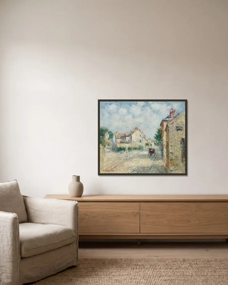 Byns gata i Normandie av Gustave Loiseau inramad på en vägg