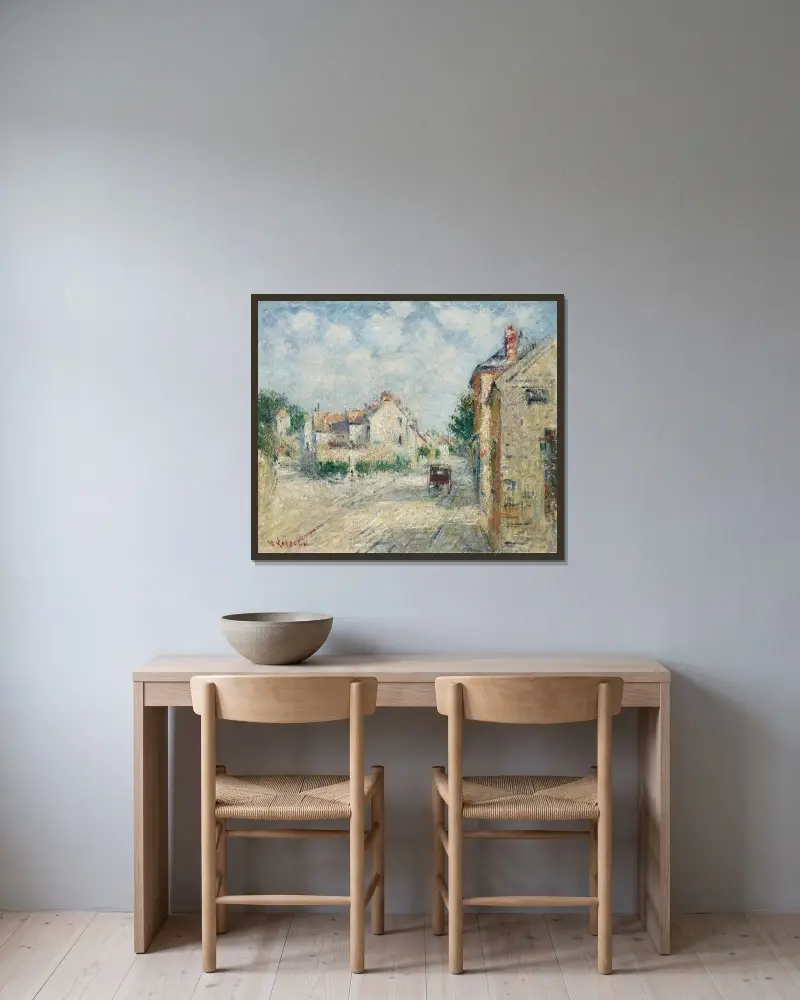 Byns gata i Normandie av Gustave Loiseau inramad på en vägg