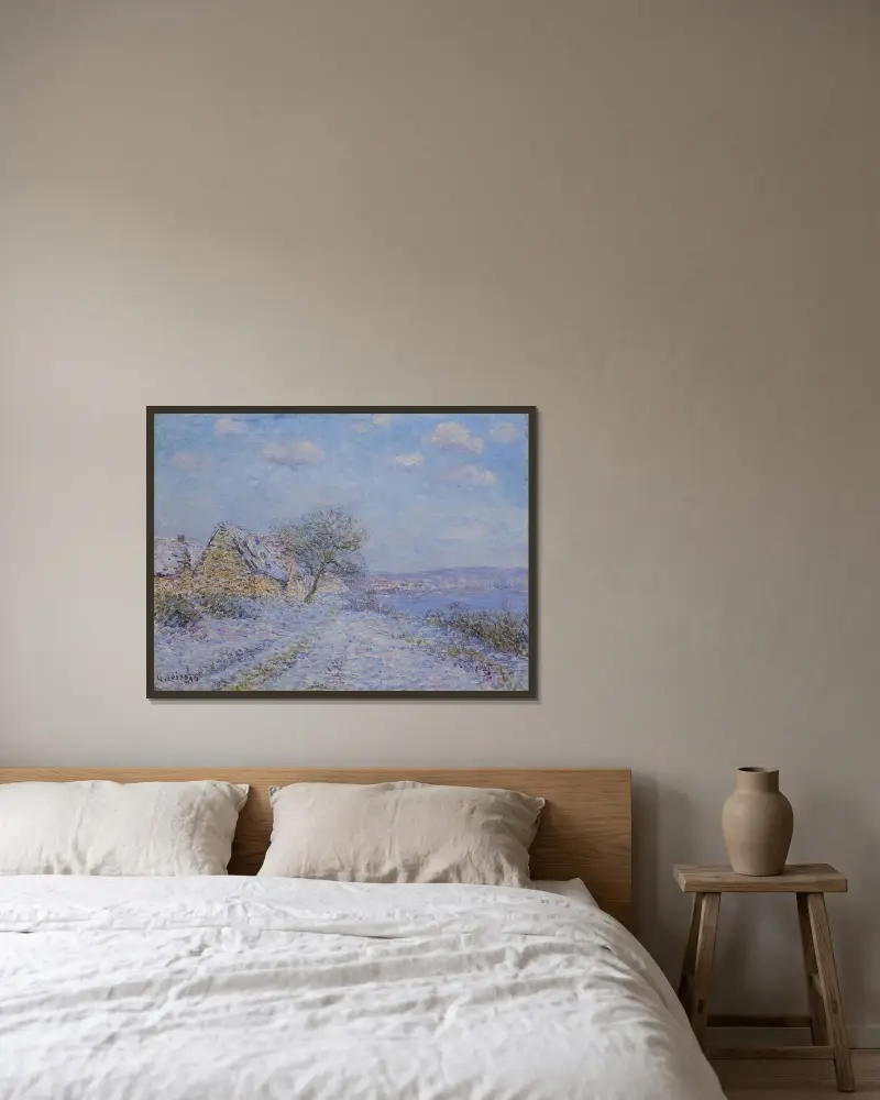 Tournedos-sur-Seine, snö, rimfrost, sol av Gustave Loiseau inramad på en vägg