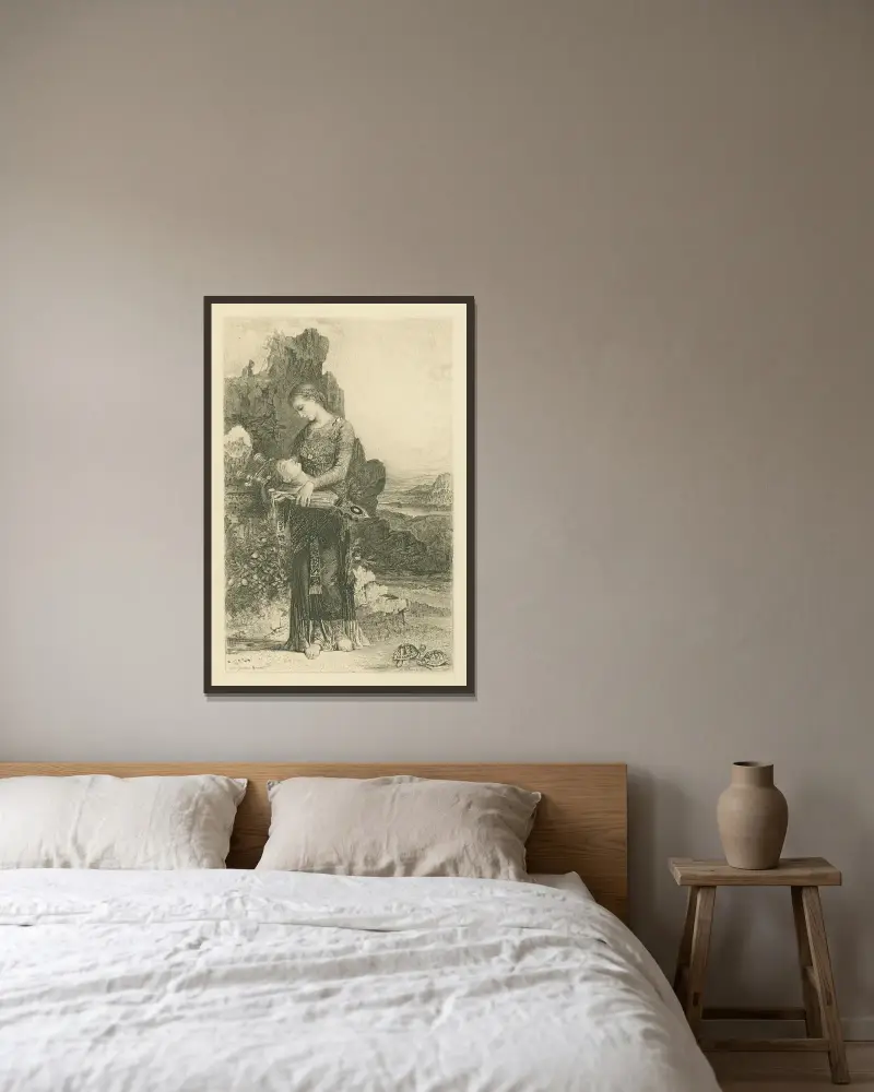 Orfeus huvud på lyran av Gustave Moreau inramad på en vägg