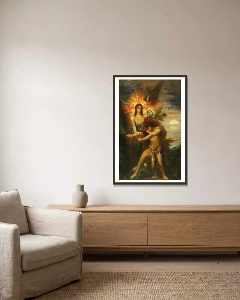 Jacob And The Angel av Gustave Moreau inramad på en vägg