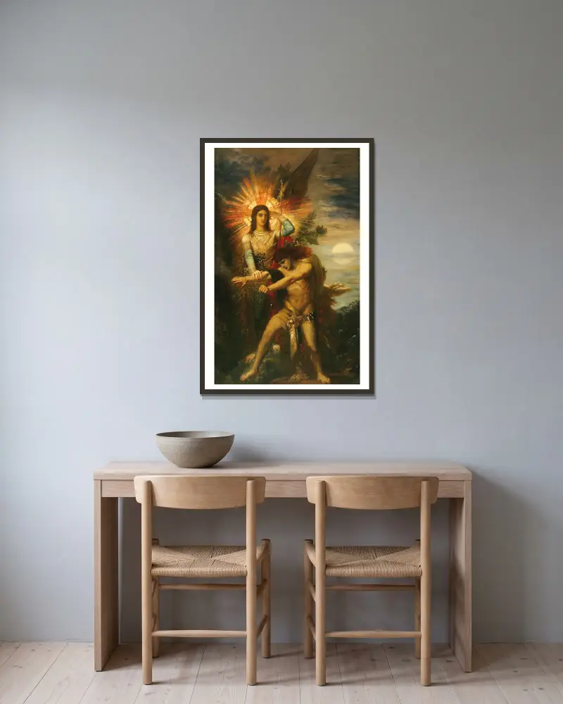 Jacob And The Angel av Gustave Moreau inramad på en vägg