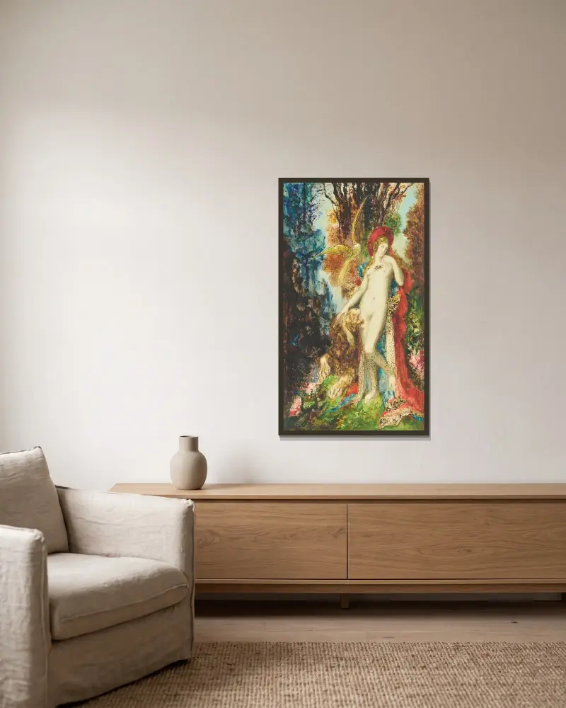 Det förälskade lejonet av Gustave Moreau inramad på en vägg
