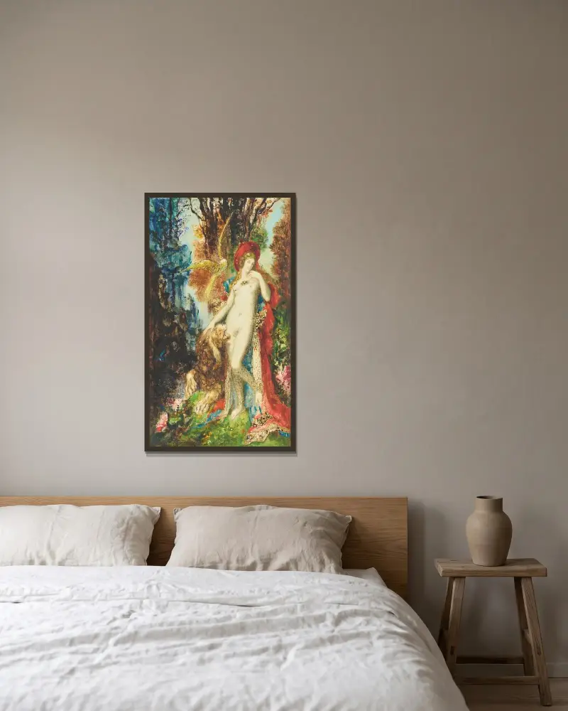 Det förälskade lejonet av Gustave Moreau inramad på en vägg