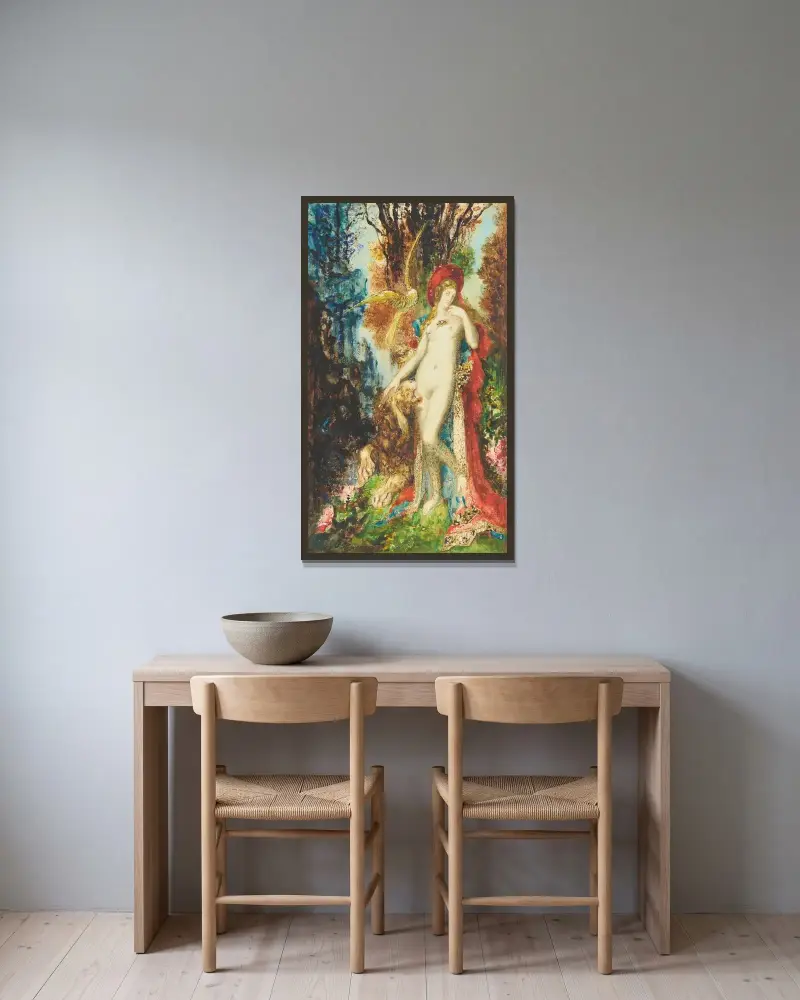 Det förälskade lejonet av Gustave Moreau inramad på en vägg