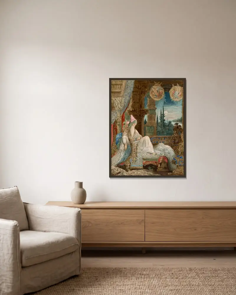 En invånare i Moguls dröm av Gustave Moreau inramad på en vägg