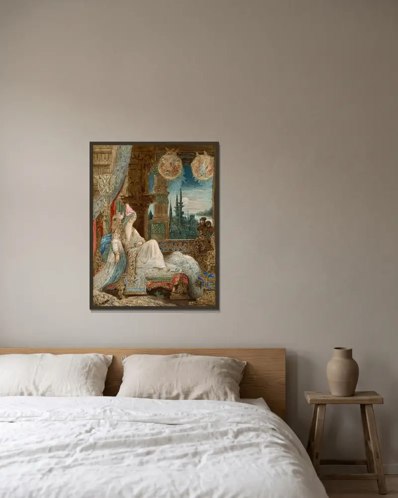 En invånare i Moguls dröm av Gustave Moreau inramad på en vägg